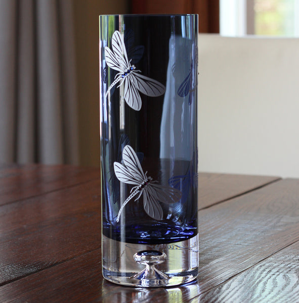 Dancing Dragonflies Blue Cylinder Vase
