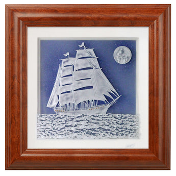 Schooner Ship — Framed 12 x 12 (Honey Brown Frame)